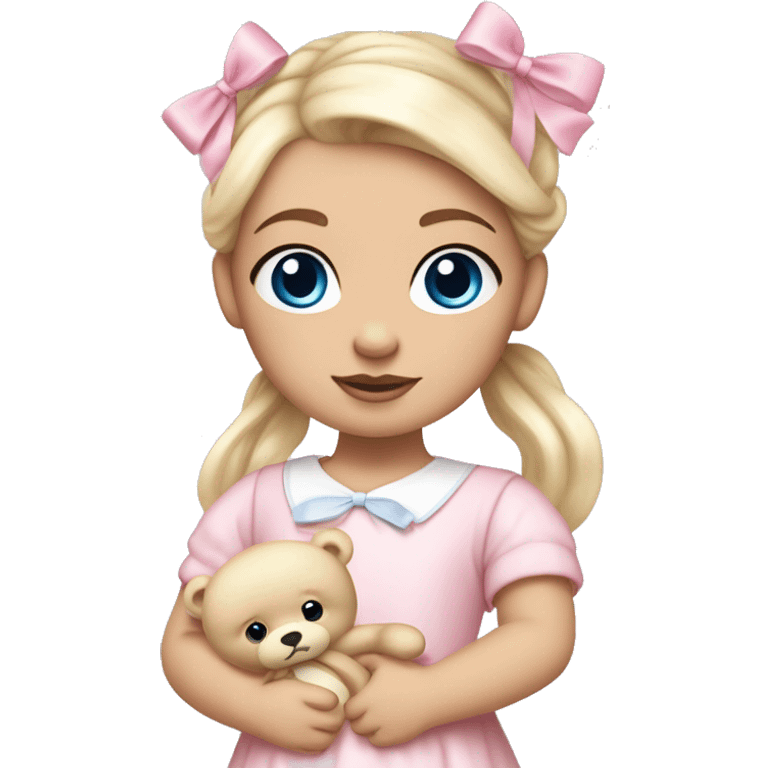 Little  babygirl with White skin, blue eyes. Light blonde hair in two ponytails, with light pink bows.  She is wearing a light pink and White dress, holding a teddybear with a pink bow. emoji