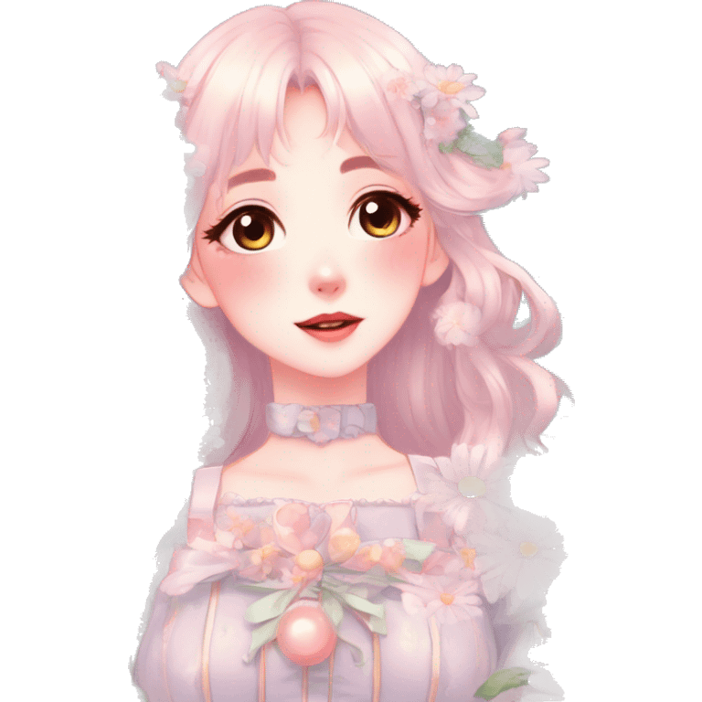 Gorgeous pastel anime style lady with blushing face and daisies cottagecore fairycore pastelcore shiny colorful pearly aesthetic trending style emoji