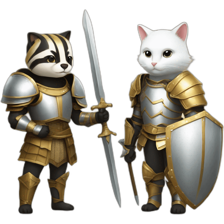 a badger with a lether armour, and a white female cat with a golden armour emoji