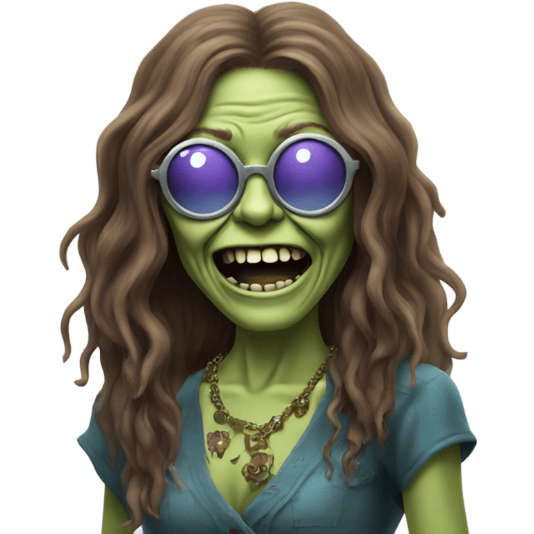  janis joplin zombie dancing, who wears  big circle glasses emoji