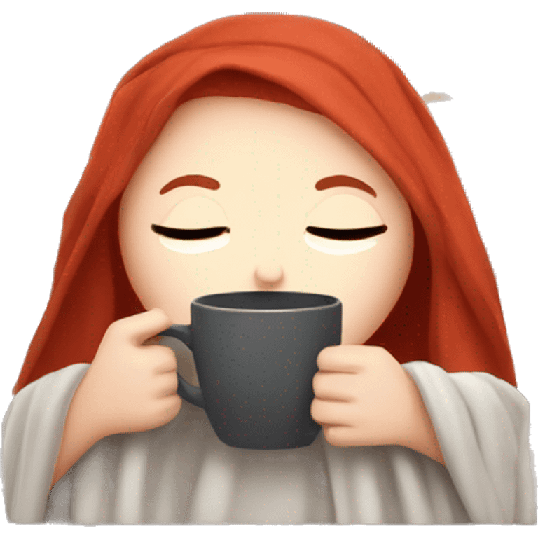 White girl with red hair inside a blanket sipping coffee eyes closed emoji