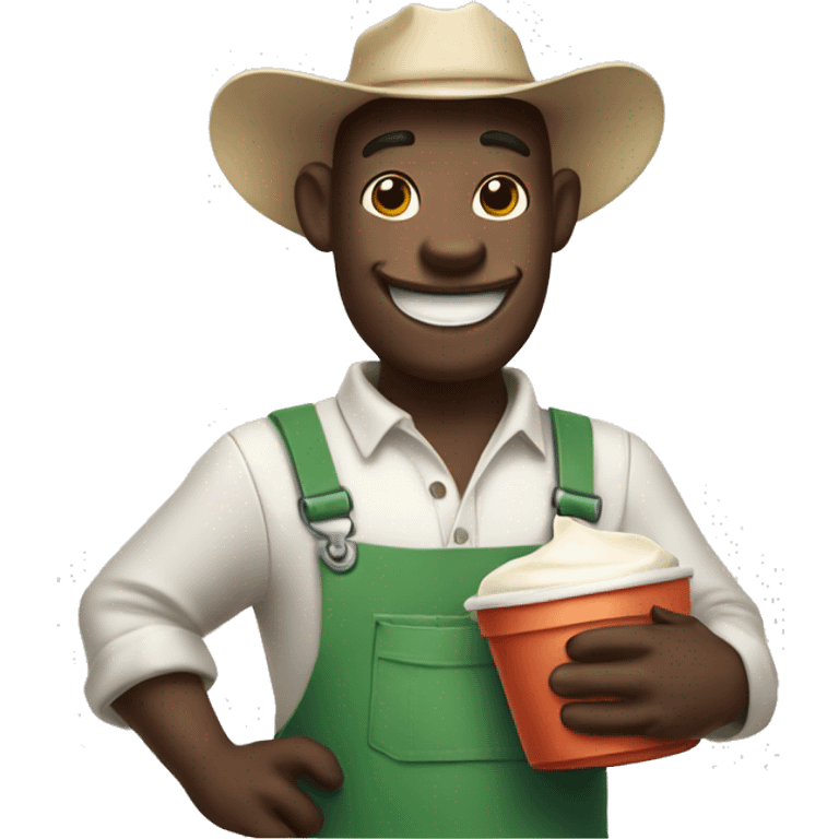 cow dressed as a farmer holding a container of cream, smiling emoji