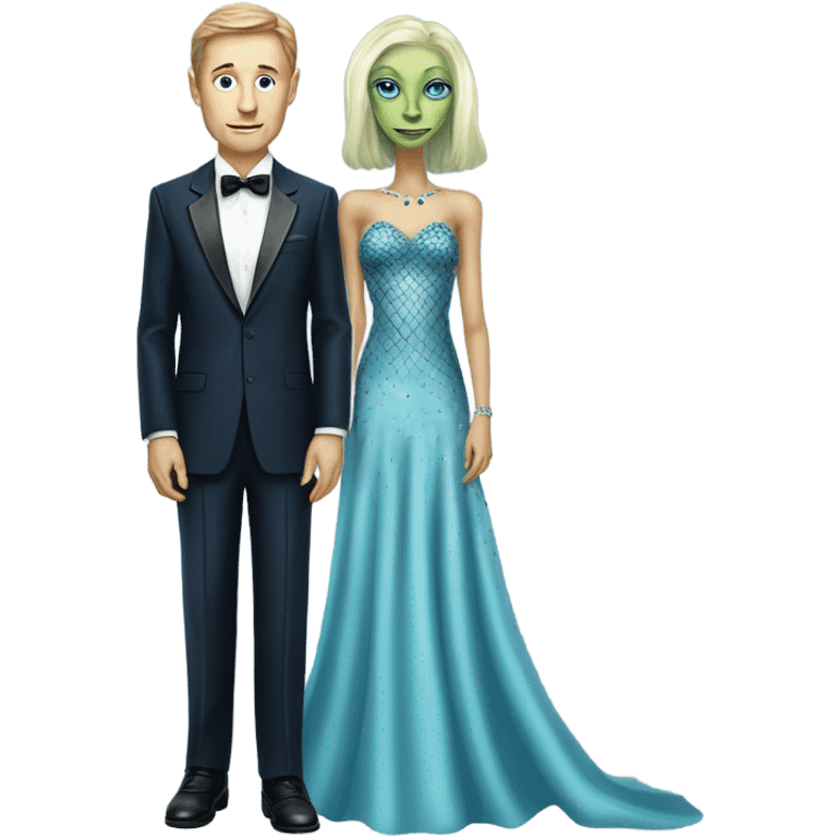 reptilian alien woman, in long slim pastel blue formal party satin dress with gradient shiny sparkling navy blue diamonds embroidered , and caucasian man in black dress emoji