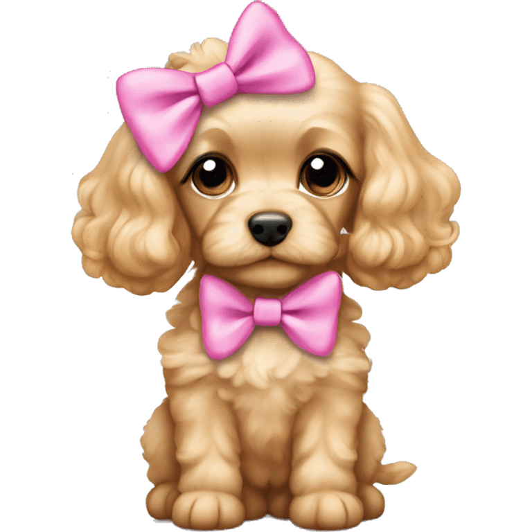 Blonde hair cavapoo puppy with pink bows on ears emoji