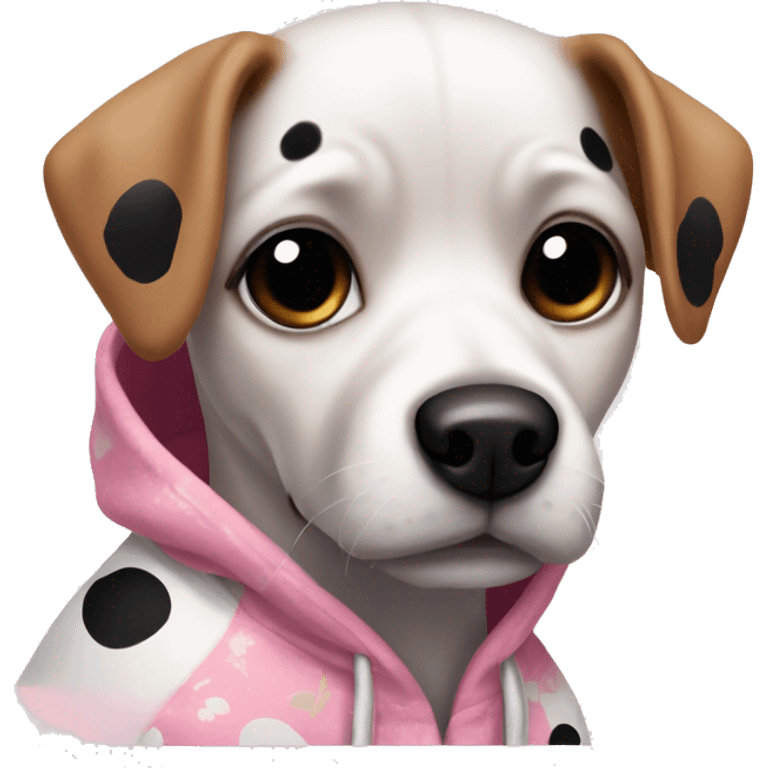  small dog with a white coat and black spots around its eyes. The dog has a small face with expressive, dark eyes and floppy ears, and it's wearing a pink hoodie with a floral pattern.  emoji