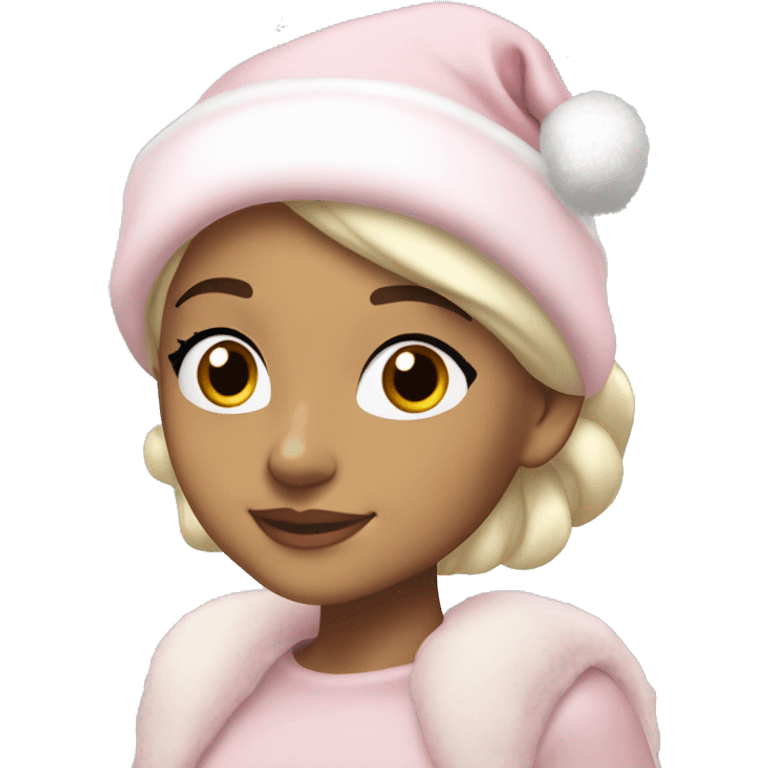 Ariana grande in a light pink christmas outfit wearing a light pink christmas hat with short light cold blonde hair emoji