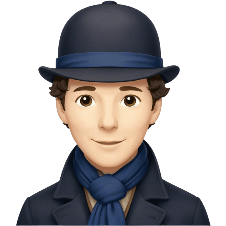 sherlock holmes benedict cumberbatch smile, wearing a deerstalker hat, Long dark coat, Dark suits, dark Blue scarf emoji