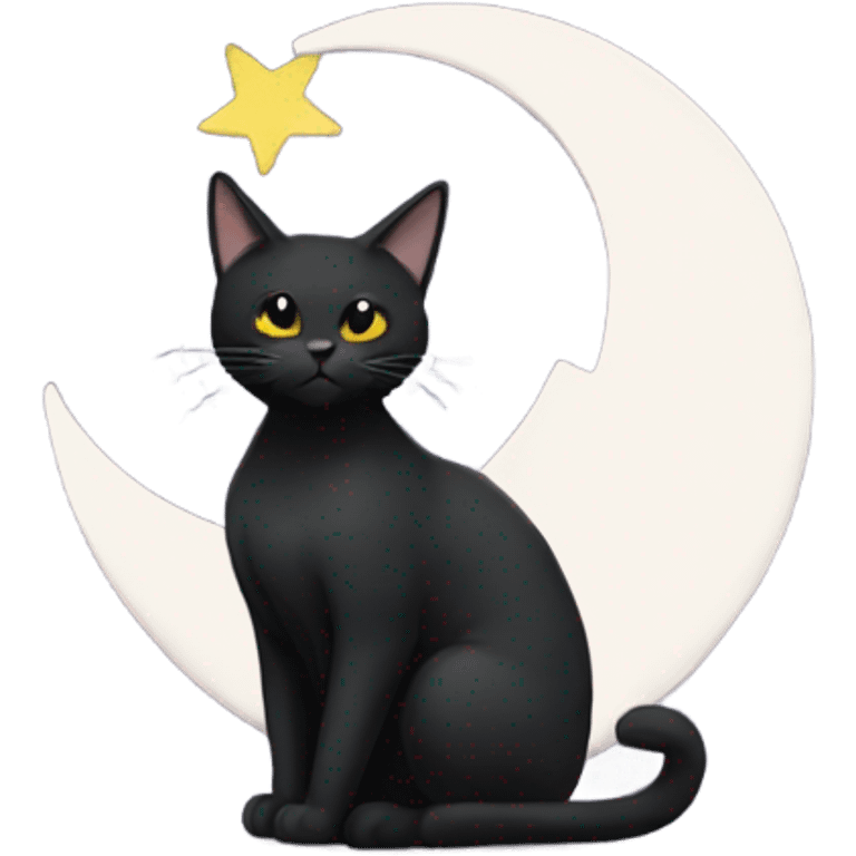 Black cat sitting on a white crescent moon with a face  emoji