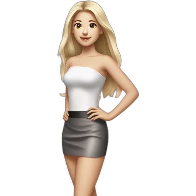 hyperrealist caucasian long hair blonde brown eyes strapless white top gray tight mini skirt black shoes full body emoji