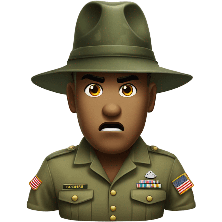 drill sergeant character wearing a classic sergeant hat and a camouflage army shirt. The character should have an angry intense expression. full torso emoji