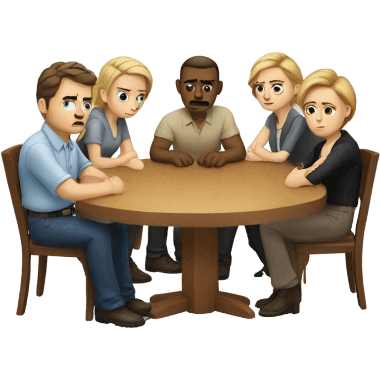 6 Caucasian people sitting around a table looking unhappy emoji