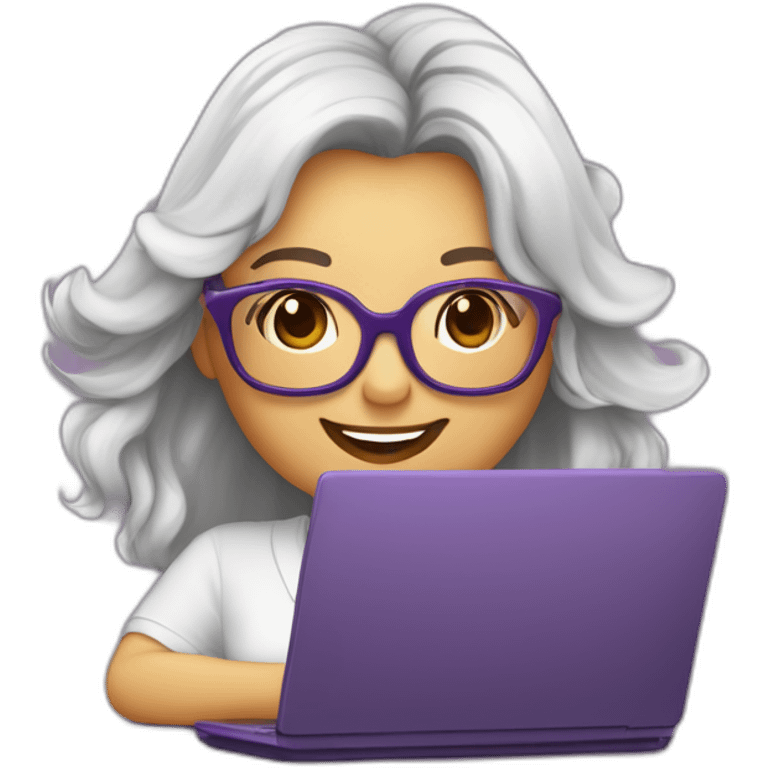 mujer-piel muy blanca-con gafas-sonriendo-camisa morada-pelo corto hasta el hombro-cabello cafe,con un computador,muy detallada emoji