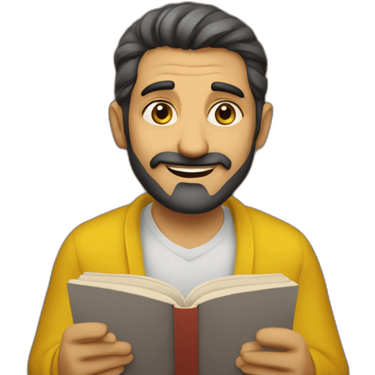 Armenian men with the yellow clothes reading book and looking at camera and smiling  emoji