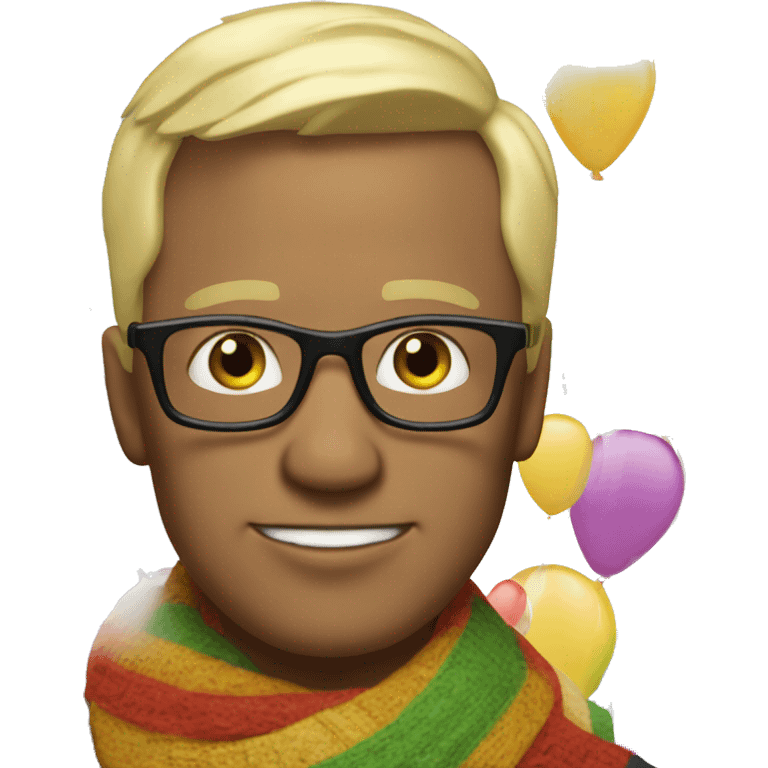 celebrate white man with squared glasses blond hair, no beard, wearing a scarf and balloons in the background emoji