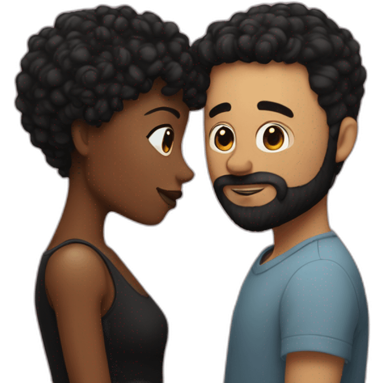 White man with a short  black hair cut fade and a black beard kissing a black woman with long brown curly hair emoji