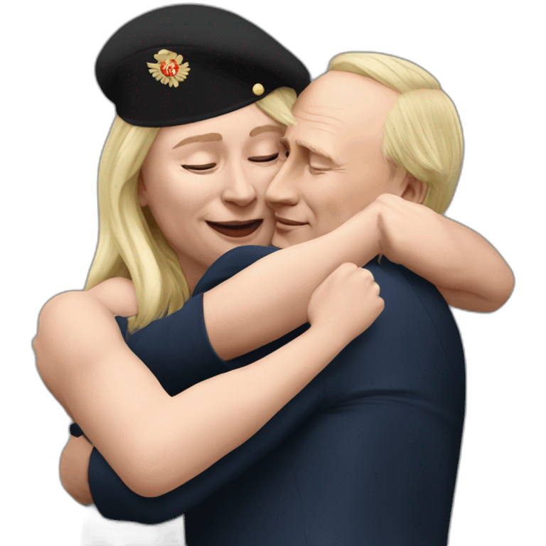 marine lepen giving a hug to vladimir putin hyperrealistic emoji