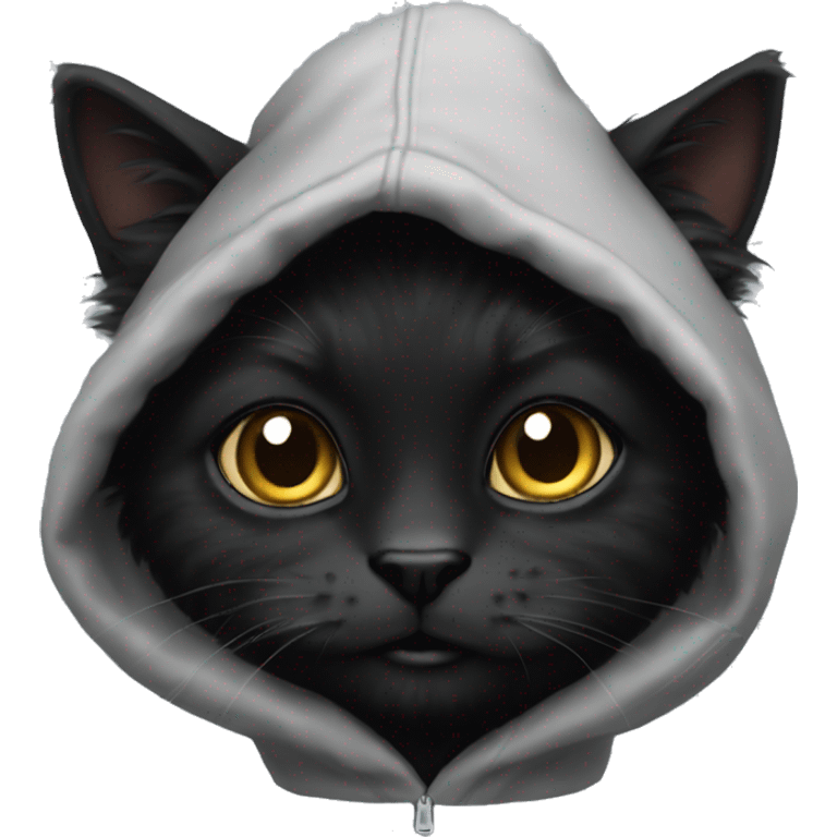 black fluffy cat wearing a hoodie emoji