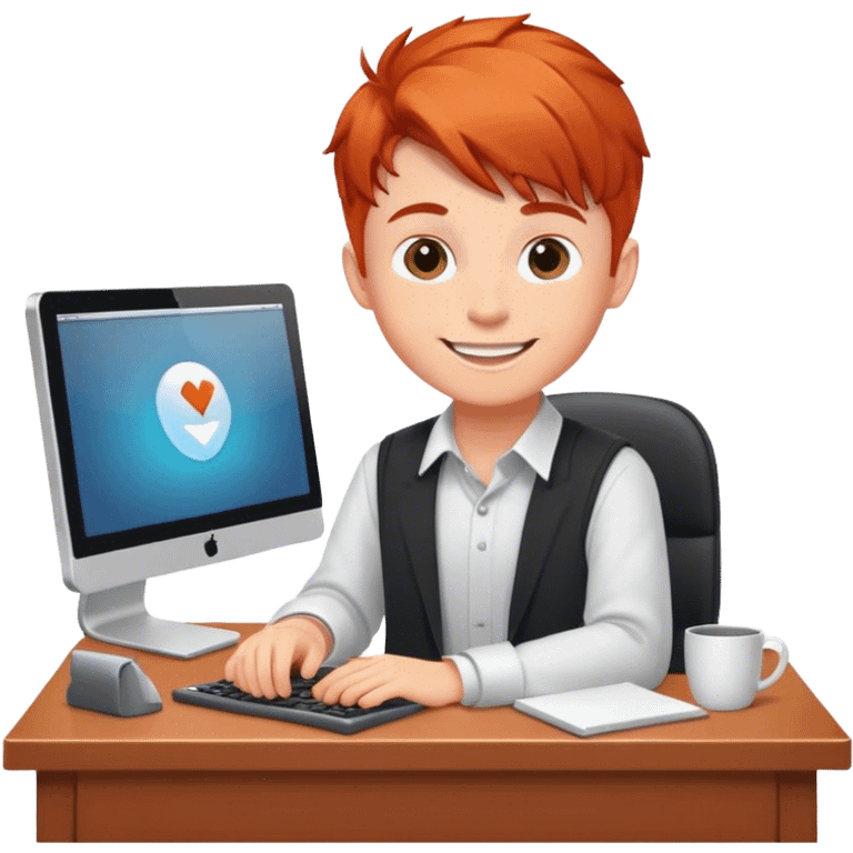 Redhead programmer boy sitting at a desk and smiling emoji