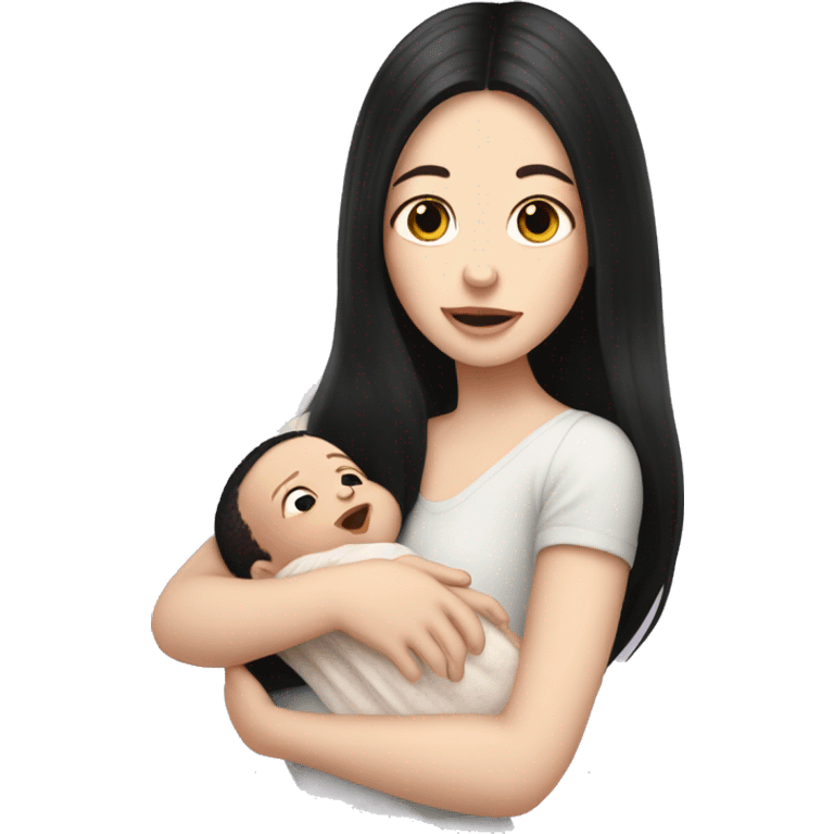 Pale girl with long black hair is holding a pale newborn baby emoji