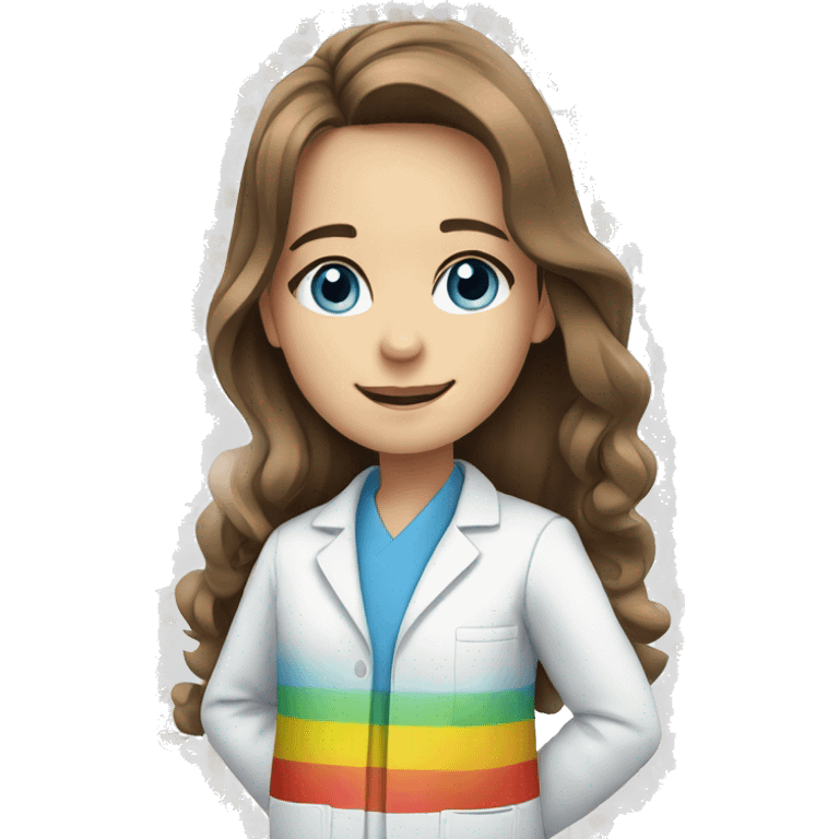 White young girl with long brown hair and blue eyes wearing a rainbow pharmacist coat emoji