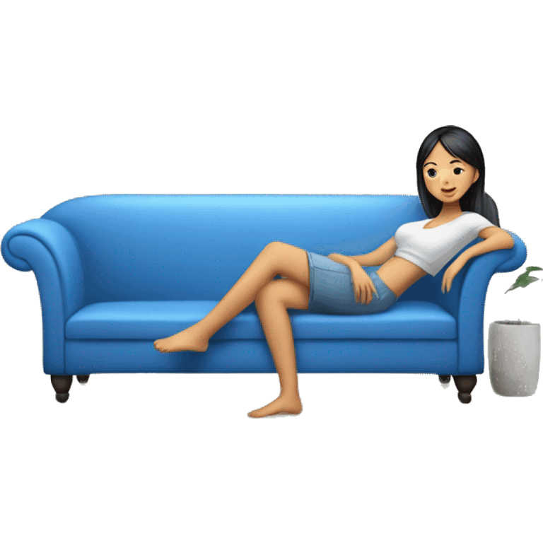 Blue colour 🛋️ sofa and asian girl 👧🏻 is chilling on there without shoes  emoji