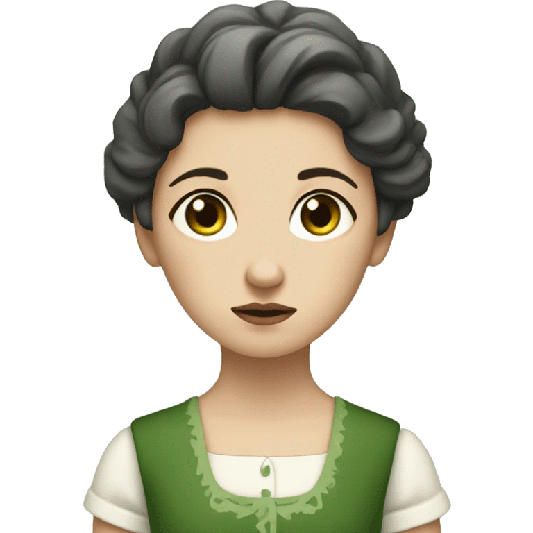 sad shepherdess, white skin, dark hair and green dress emoji