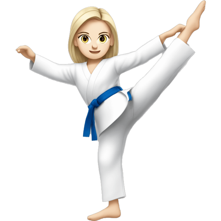 white girl with blue eyes doing  taekwono kick to the sky wearing red belt emoji