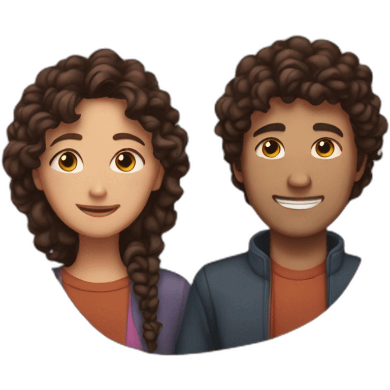 Hug between brown guy with straight dark hair and a long curly brown hair woman emoji