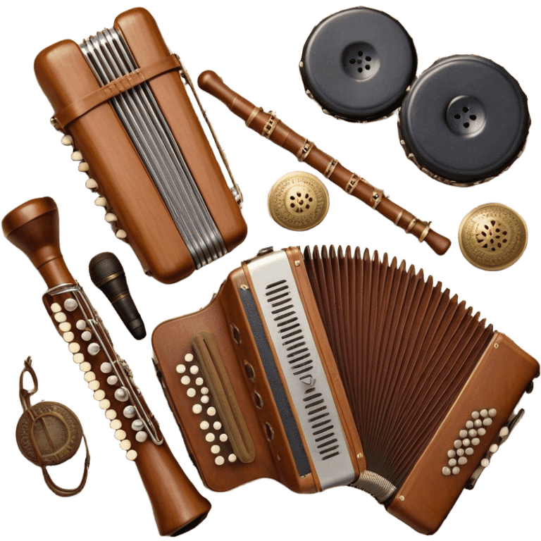 Create a colorful and cultural humanless emoji representing folk singing. The design should feature a collage of traditional folk instruments, such as a wooden flute (dudka), a button accordion (harmon), a set of gusli, and a tambourine (buben), all arranged in a harmonious, flowing design around a vintage microphone. The instruments should have earthy, natural tones like wood browns, brass accents, and vibrant colors reflecting their folk origins. Add subtle musical notes to tie the elements together, symbolizing the power of folk music. The background should be transparent. emoji