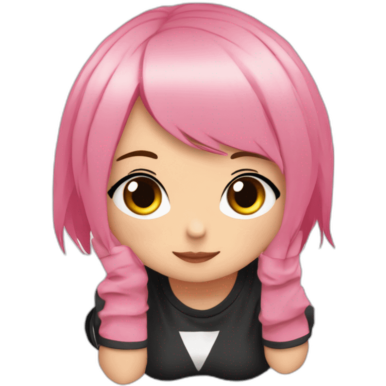 full body Front view curvy emo girl pink hair sits on the floor straight view hands up черная юбка белые трусики рваные полосатые чулки emoji