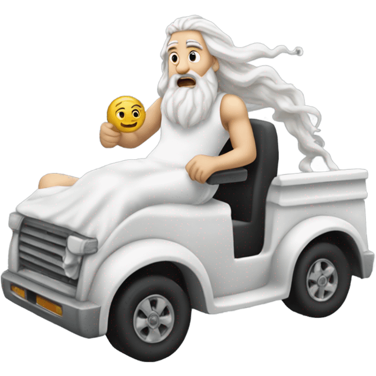 white man Poseidon driving truck. long white hair white dress. driver emoji