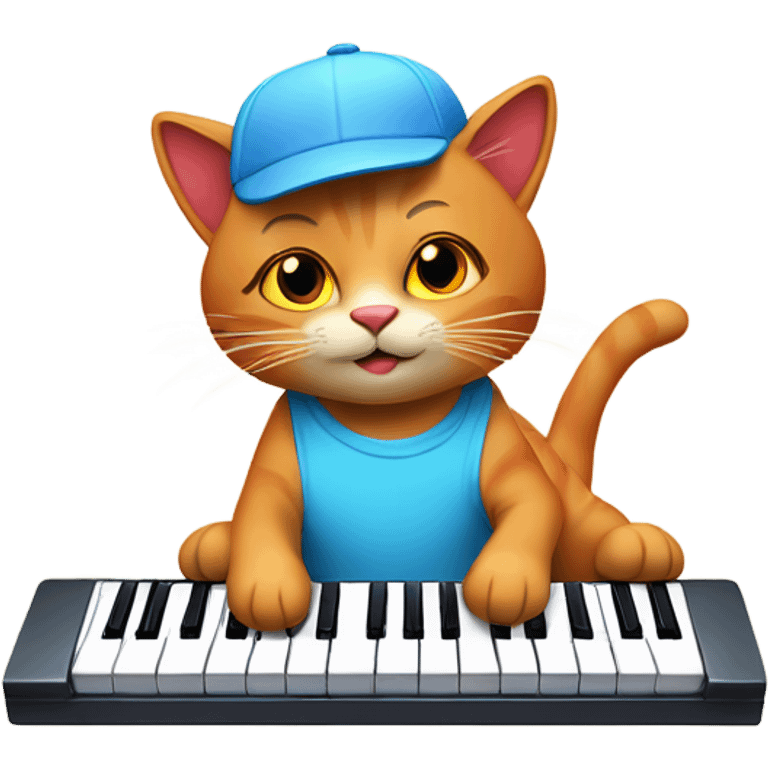 tan-red cat wearing a light-blue t-shirt and a blue base cap taps musical keyboard emoji