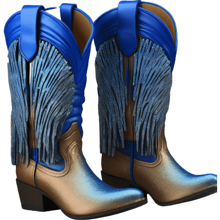 Realistic cobalt blue to bronze ombre pair of fashion cowgirl boots with sparkly shiny glitter fringe on them. emoji