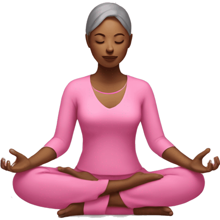 Woman meditating wearing pink emoji