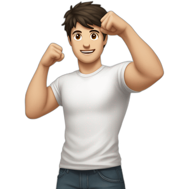 dark haired white young man in white t-shirt raising both fists high over head in victory emoji