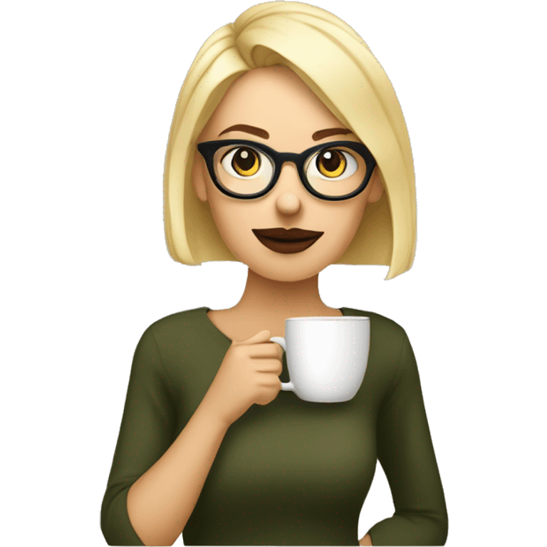 Blonde short haired women with round glasses and a septum piercing drinking coffee emoji