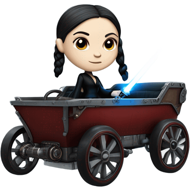 Wednesday Addams Jedi bounty hunter driving a modern blue,red and pewter steampunk electric wagon emoji