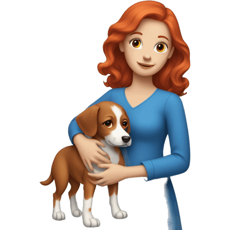 Girl red hair wearing a blue dress and holding a dog  emoji