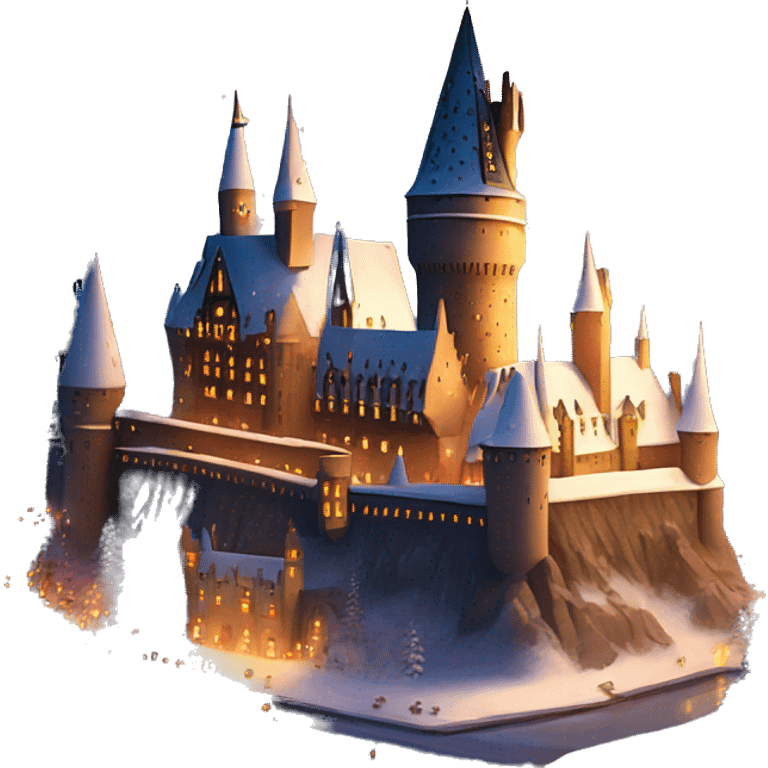 Hogwarts castle covered in snow, with warm lights glowing from the windows, creating a cozy, magical holiday scene emoji