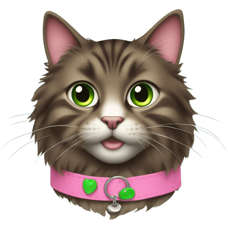 Fluffy dark brown tabby pink collar with green eyes emoji