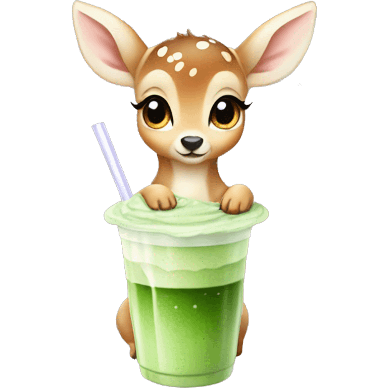 baby deer with fairy wings drinking iced matcha latte  emoji