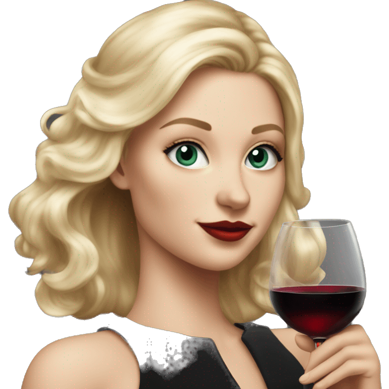 Blonde White girl in black Elegant dress with red wine, HYPER REALISTIC emoji