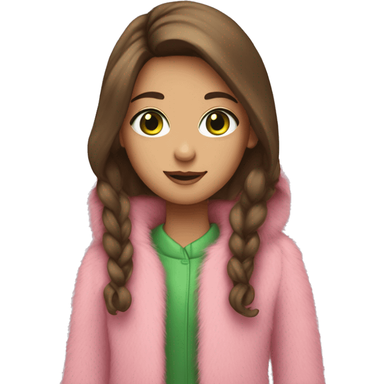 Girl with long brunette hair and green eyes in a pink furry coat emoji