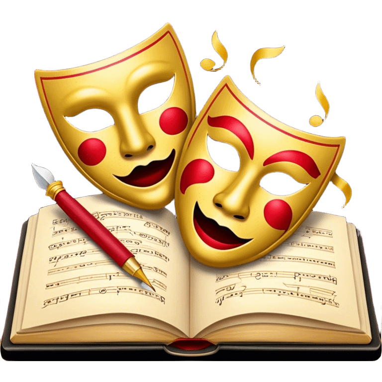 Create a bold and dramatic emoji representing the art of playwriting. The design should feature an open script or a theater playbook, with stylized text inside. Include elements like a theatrical comedy and tragedy masks, a stage spotlight, or a writting quill to symbolize creativity and performance. Use deep, contrasting colors like red, black, and gold to evoke the intensity and passion of drama. The overall design should feel dramatic, inspiring, and artistic. Make the background transparent. emoji