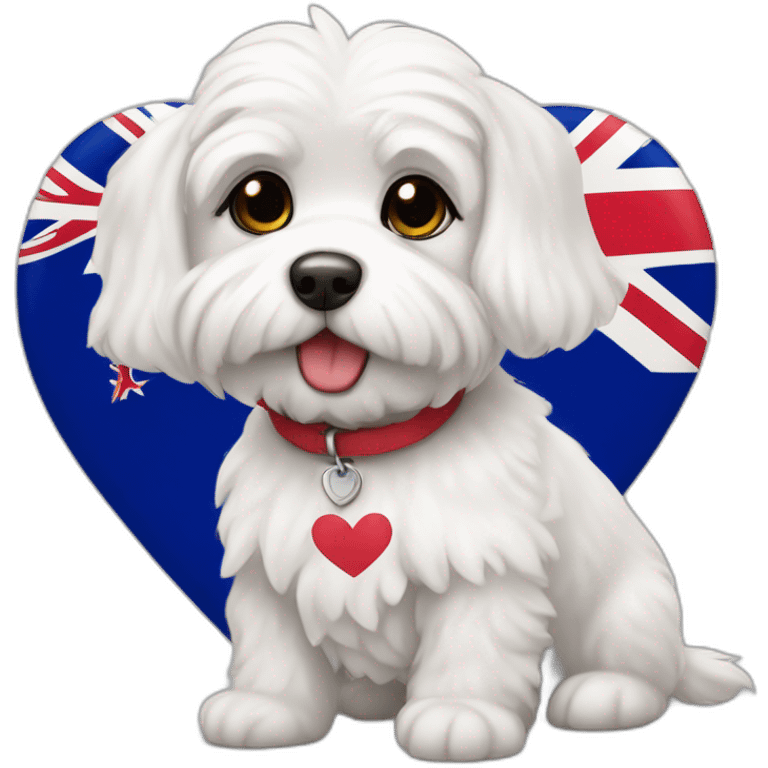 white maltipo dog in a new zealand flag shaped heart emoji