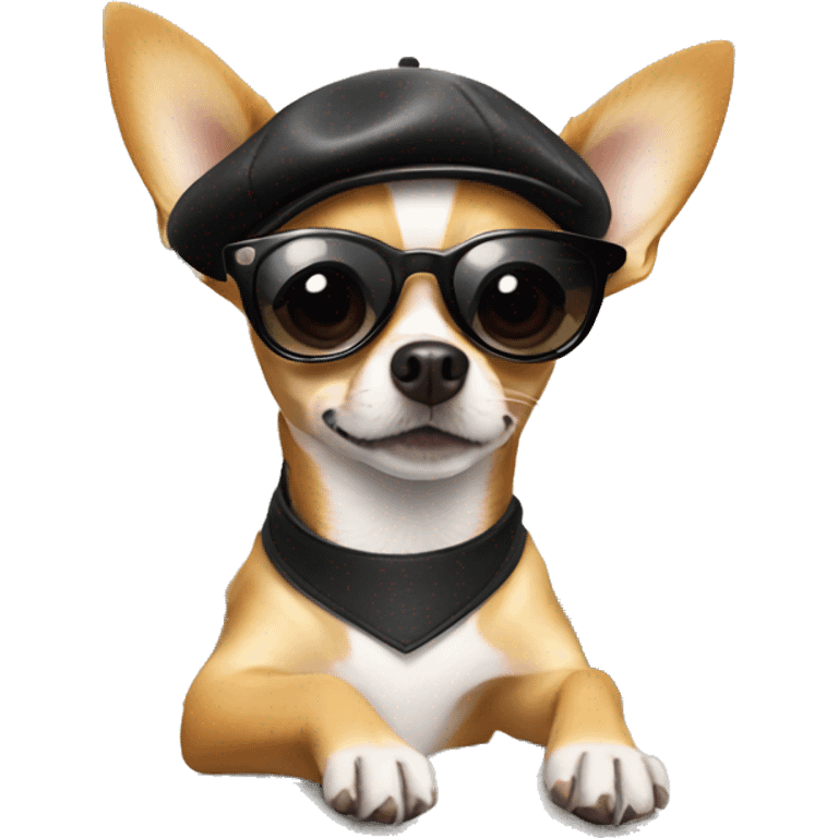 chihuahua wearing sunglasses with beret near the eiffel tower emoji