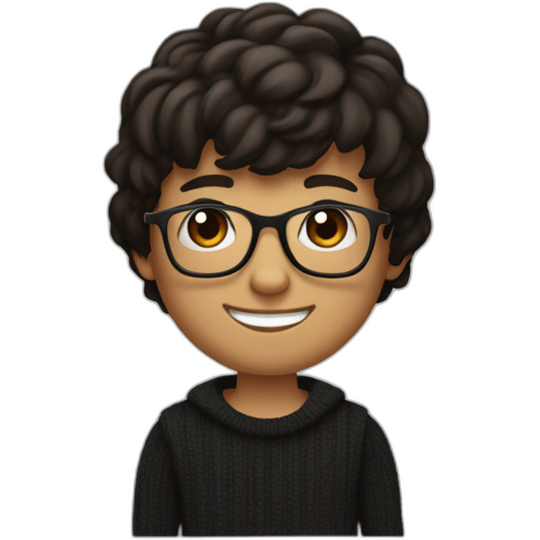 A young man with dark brown hair half-long on top and shorter on the sides with a bang. He has square glasses. He has a black sweater. He also has black eyes. He smiles emoji