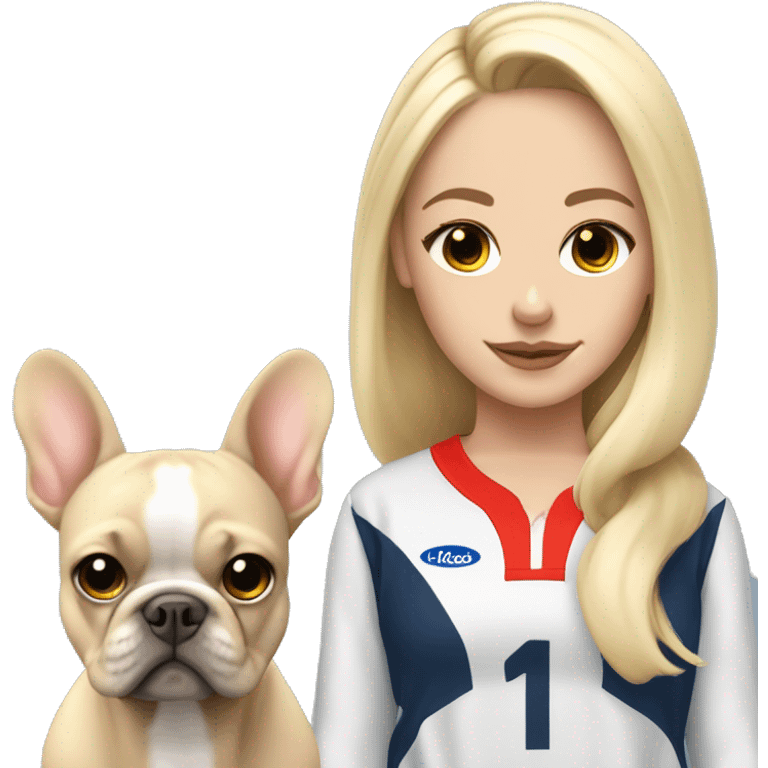 white blonde girl with long hair wearing sports outfit with frenchie with big ears emoji