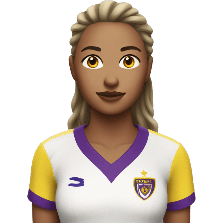 a woman soccer player in white jersey with purple pinstripes and yellow collar emoji