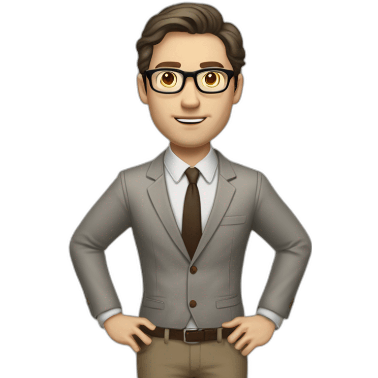 Full height Gesticulating Pale skinned fit man with dark brown hair in gray jacket, beige office shirt, brown tie, brown pants and vintage glasses. emoji